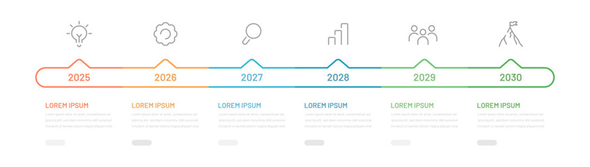 A thin linear business infographic for a presentation consisting of 6 steps, stages of achieving a goal. Project planning by year or month, editable icons