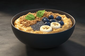 A delicious bowl of smoothie topped with granola, blueberries, bananas, and mint leaves.