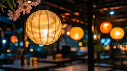 Obraz premium Illuminated Outdoor Restaurant with Paper Lanterns and Blossoms