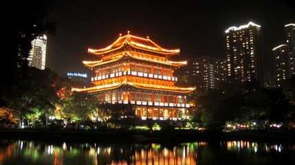 Obraz premium Illuminated Pagoda Night Scene Urban Skyline Reflection