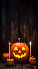 Fototapeta premium Smiling Jack-o'-lantern Sits Amidst Pumpkins and Candles, on a Dark Wooden Background for a Spooky Setting.