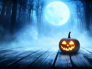 Naklejka premium Spooky Jack-o'-lantern Sits on Wooden Floor in a Misty Forest Under a Full Moon