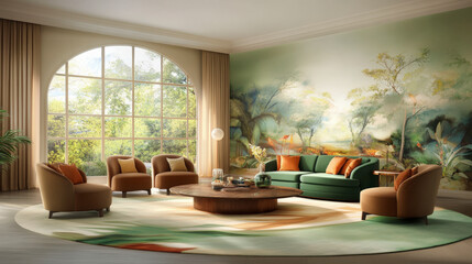 Fototapeta premium Luxurious living room with elegant furniture and stunning mural, bright natural lighting, modern interior design for sophisticated homes.