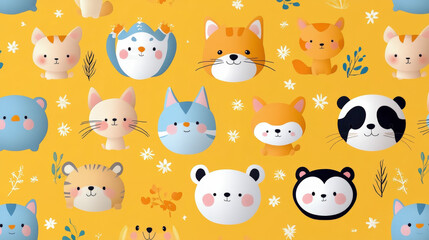 Adorable animal faces pattern with cute cat, bear, and fox illustrations on a vibrant yellow background for playful decor.