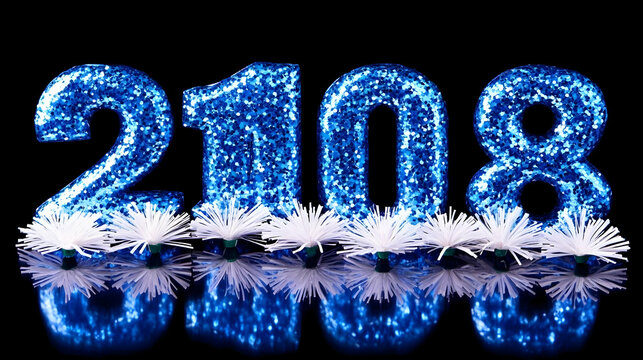 Shiny Blue Glitter Numbers 2108 Reflect on a Black Background with White Festive Decorations