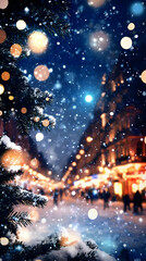 Naklejka premium Snowy Pine Branches Frame a Festive City Street at Night with Twinkling Lights and Falling Snow.