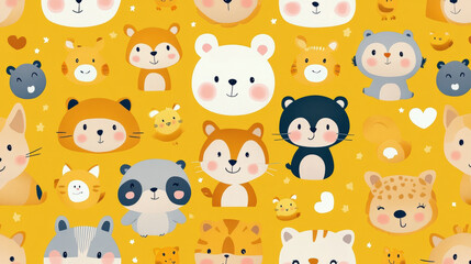 Fototapeta premium Colorful cartoon animal characters on yellow background, perfect for children?s illustration, wallpaper, nursery decor, playful design concepts.