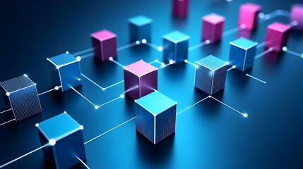 Interconnected 3D Cubes Form a Network, Symbolizing Data Flow and Modern Technology on a Blue Backdrop.