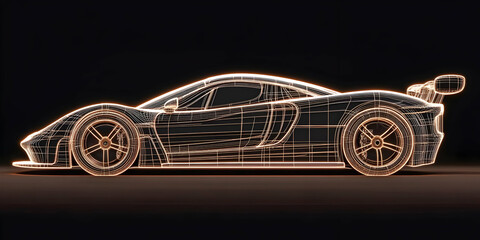 Glowing Wireframe Sports Car Shines Brightly Against Dark Background in a 3D Rendering