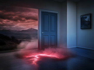 Open Door Reveals Mystical Landscape with Red Glowing Energy and Fog Mysteriously Covering the Floor.