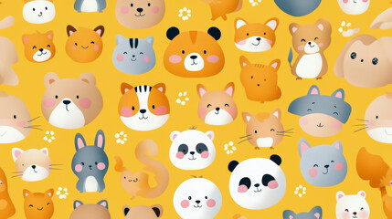 Fototapeta premium Adorable animal faces pattern on a vibrant yellow background, featuring bears, cats, pandas, and foxes, enhancing playful design appeal.