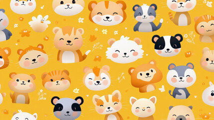 Adorable cartoon animals on a yellow background create a cheerful pattern perfect for children's decor and playful designs.