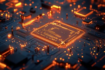 Digital circuit board representing technology in business, with intricate details and a modern design.