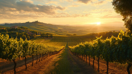 Naklejka premium A beautiful vineyard with a sun setting in the background