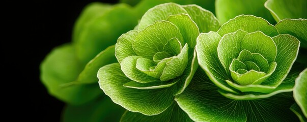 Fototapeta premium A close-up of vibrant green leaves resembling rosettes, showcasing intricate textures against a dark background.