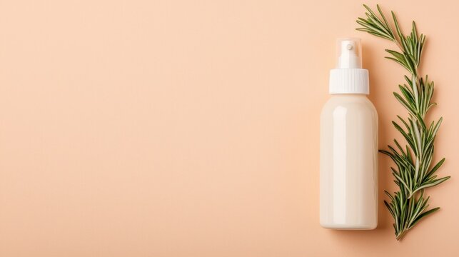 Natural skincare routine and botanical, A minimalist image featuring a white bottle next to fresh rosemary on a soft peach background.