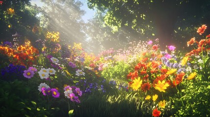 Obraz premium Sunlit Garden With Vibrant Colorful Flowers Blooming