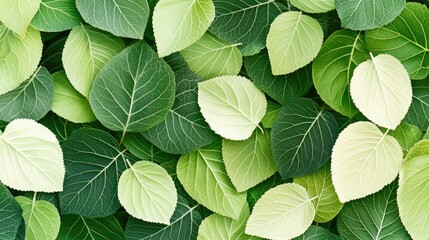 Fototapeta premium A vibrant arrangement of various green leaves, showcasing different shades and textures, creating a natural and refreshing background.