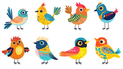 A set of colorful birds with different patterns and colors