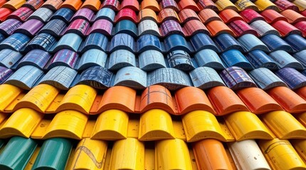 building roof, composed of overlapping rows of differently colored ceramic tiles. Backlit silhouette, smooth gradient transitions, emphasizing seamless color blending