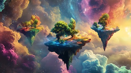 Floating Islands with Trees in a Colorful Sky