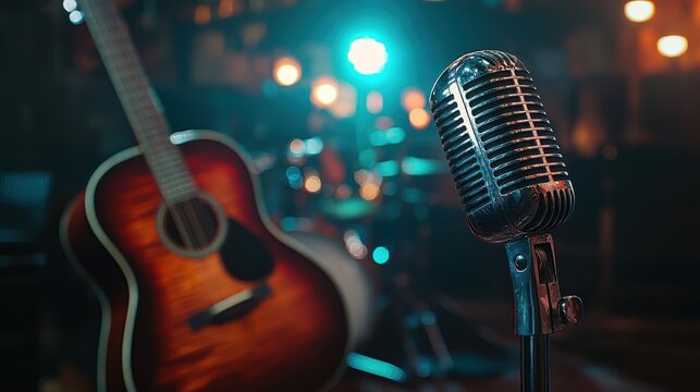 A vintage microphone stands in focus with an acoustic guitar in the background, capturing the essence of live music and soulful performances.
