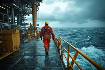A worker in safety gear walks along the platform edge, facing turbulent ocean waves and dark clouds, highlighting the challenges of offshore operations.