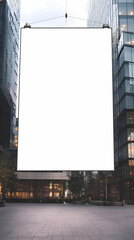 Obraz premium Blank Billboard Hangs Between Modern Buildings, Ready for Advertisement Display at Dusk