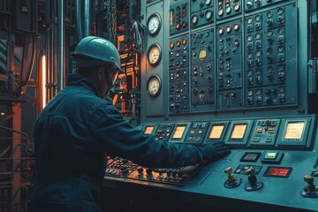 A worker operates complex machinery in an industrial setting, demonstrating engineering precision and focus amidst various gauges and controls.