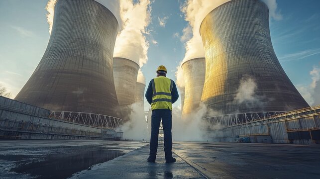 A worker observing a nuclear power plant with cooling towers, surrounded by steam, symbolizing energy production and industrial advancements.