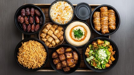 Culinary feast of traditional dishes asian restaurant food photography indoor setting overhead view gastronomy experience