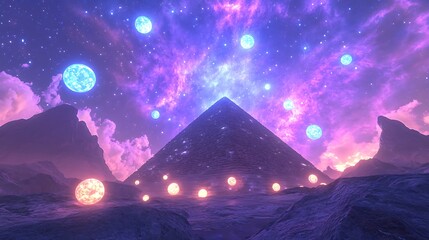A great pyramid surrounded by glowing orbs of light under a magical sky with vibrant constellations