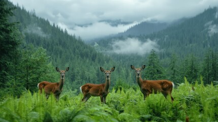 Fototapeta premium Three deer stand amidst lush green ferns and tall trees, with misty mountains shrouded in clouds in the background, creating a serene natural scene.