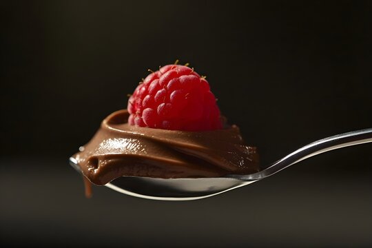 Macro shot on spoon filled with tich dark chocolate mousse