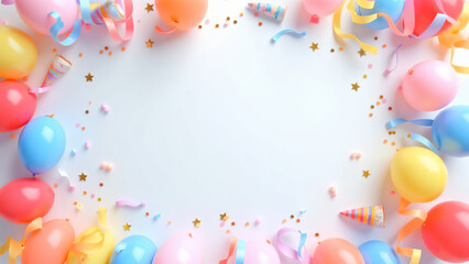 Festive Birthday Background with Balloons, Cakes, and Colorful Party Decorations