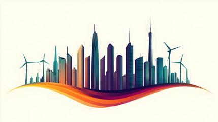 Obraz premium Modern Cityscape with Wind Turbines Rising Above a Colorful, Abstract Swirl