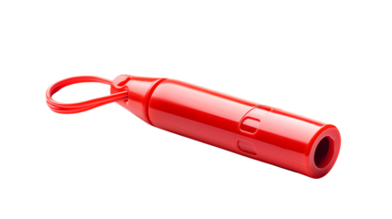 Red Plastic Whistle with Loop for Safety and Sports isolated on transparent background