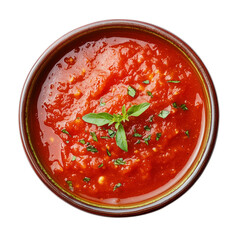 A bowl of rich red tomato sauce garnished with herbs, perfect for pasta or pizza.