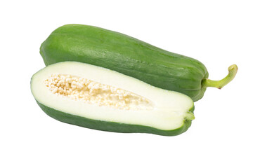 Green papaya with half slice isolated on white background