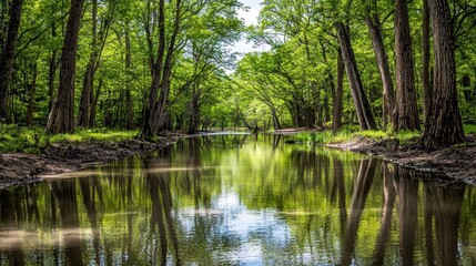 Calm river flows through lush green forest canopy