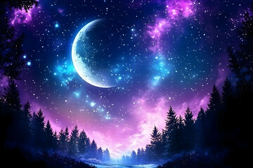 Fototapeta premium Crescent Moon Illuminates a Mystical Forest Under a Starry Night Sky with Purple Nebulae