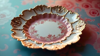 An opulent plate with intricate patterns and gold accents. 