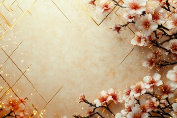Delicate cherry blossoms framed against a textured gold background.