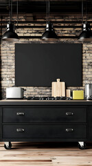 Black Kitchen Island with Blank Canvas and Industrial Lights in a Rustic Setting