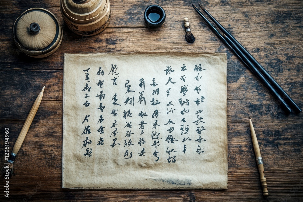 Fototapete Calligraphy tools and ancient script on a wooden table in an artistic workspace. Generative AI