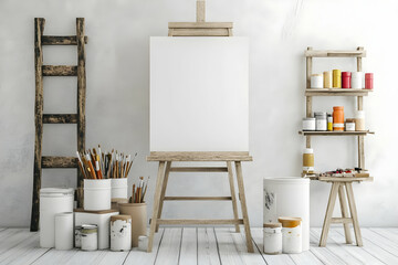 Fototapeta na wymiar Blank Canvas on Wooden Easel Stands in an Art Studio with Paints and Brushes Beautifully Arranged