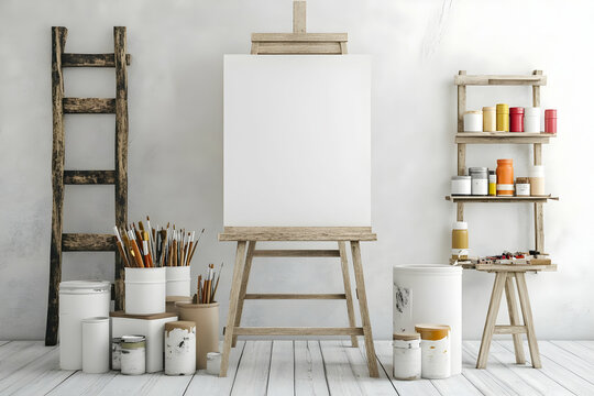 Blank Canvas on Wooden Easel Stands in an Art Studio with Paints and Brushes Beautifully Arranged