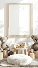 Cozy Minimalist Nursery Interior with Wooden Toys and Empty Frame Mockup, a 3D Render.