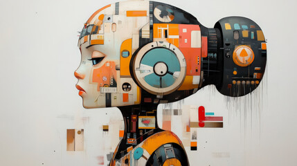 Abstract art piece featuring a futuristic, robotic figure with intricate geometrical designs and vibrant colors, ideal for digital art enthusiasts.