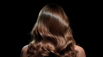Naklejka premium Woman's long brown wavy hair, rear view, dark background, hair care